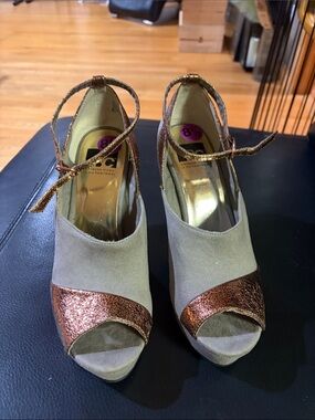 BCBG Two-Tone Taupe Suede and Metallic Copper Peep-Toe Ankle Strap Heels